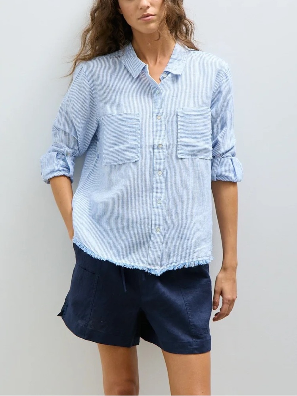 Melissa Nepton Chase Pinstripe Linen Raw Hem Button Shirt